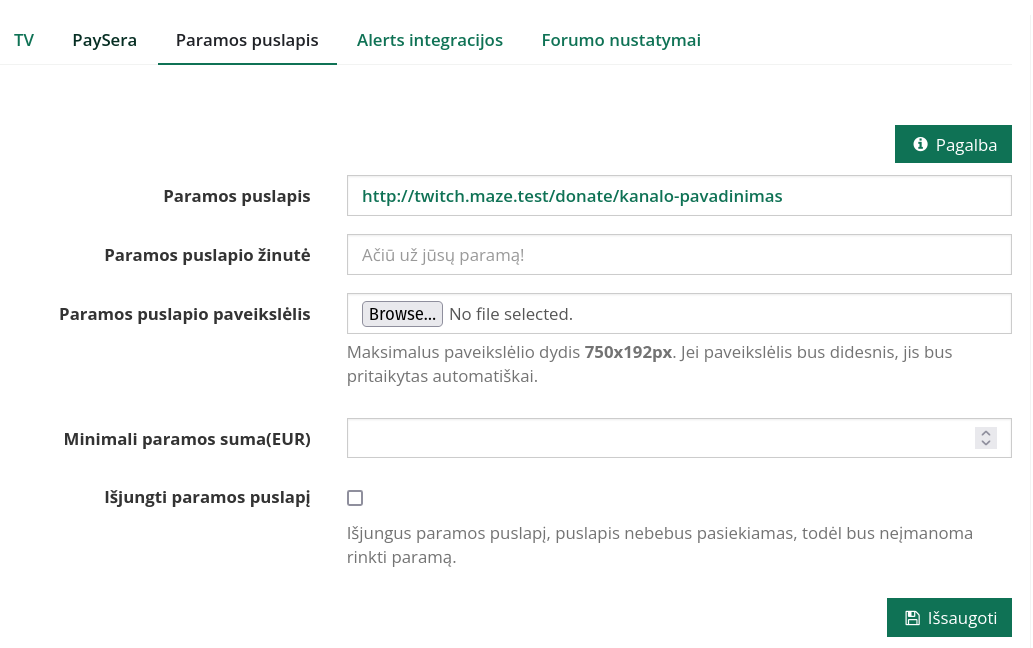 paramos puslapio nustatymai