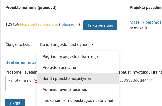 PaySera projekto nustatymų meniu