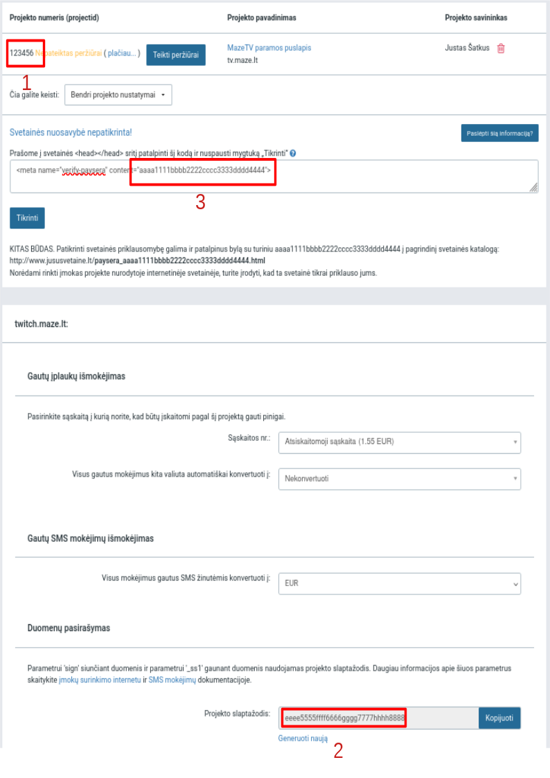 PaySera projekto nustatymai