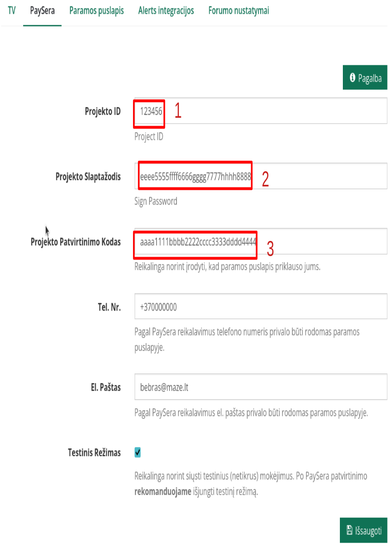 PaySera projekto nustatymai